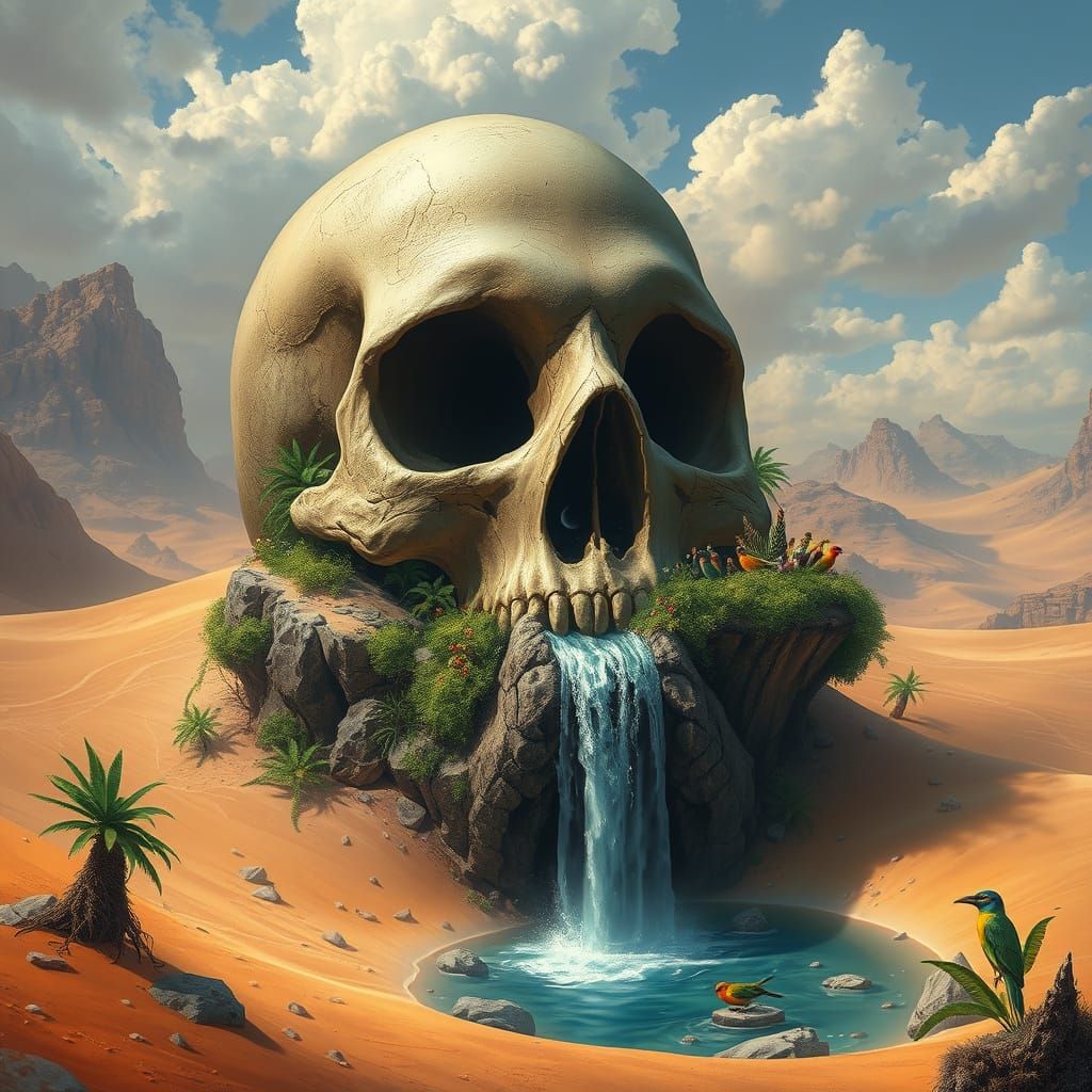 Surreal Oasis: Waterfall from Ancient Skull
