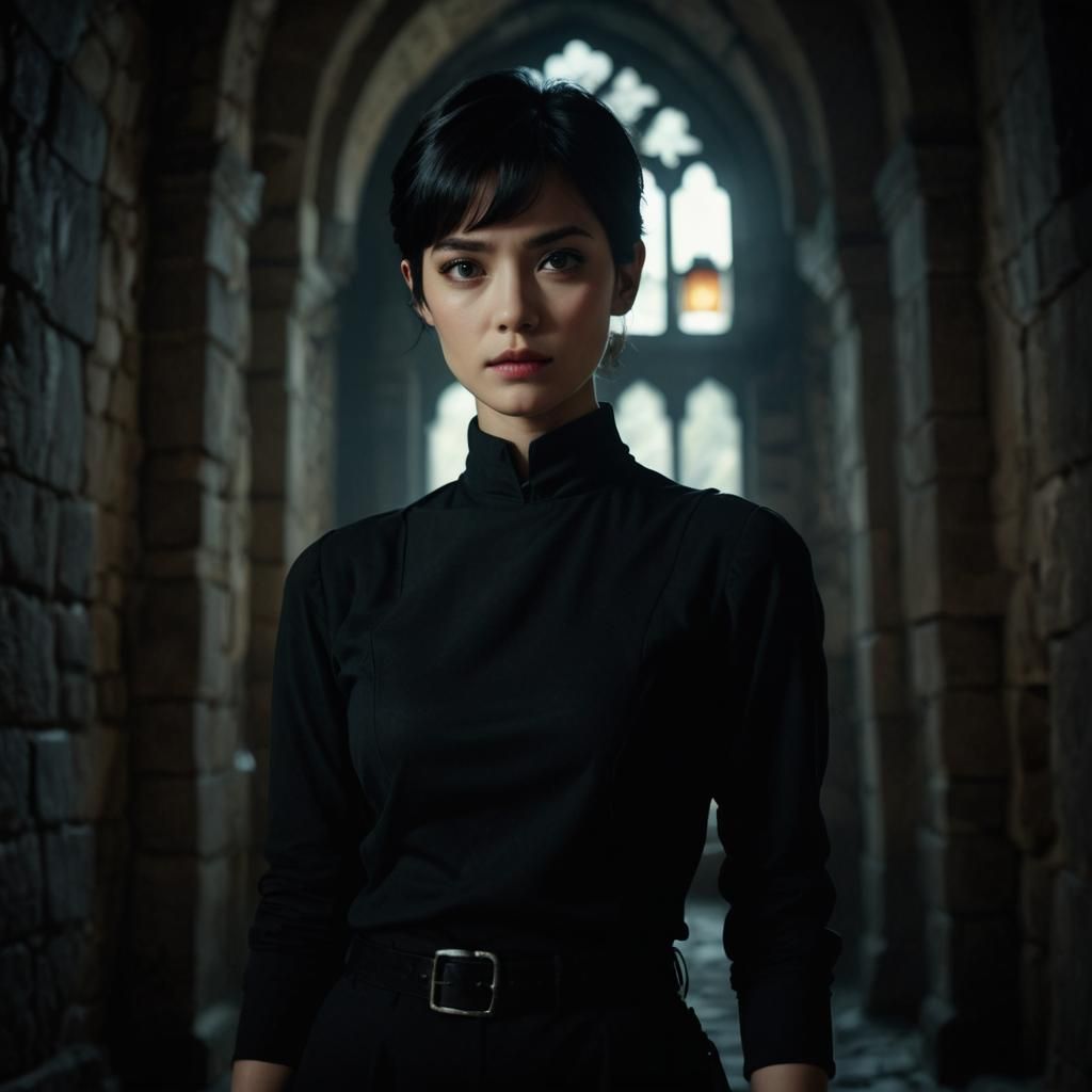 Dark Fantasy Woman in Ancient Castle Corridor