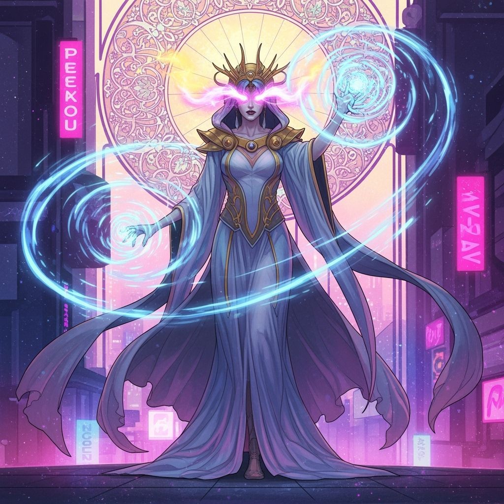 Cyberpunk Sorceress Casting Spells with Cosmic Energy