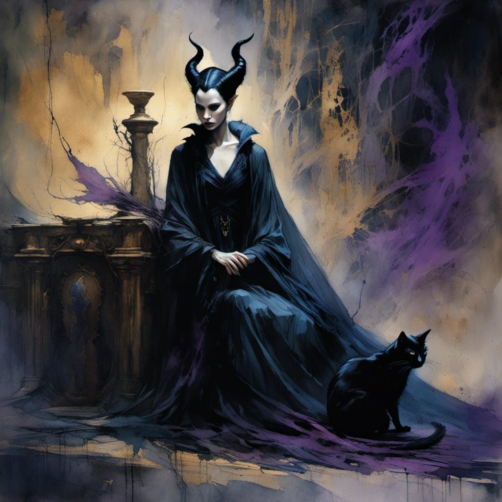Mystical Maleficent with Black Cat: Fantasy Art