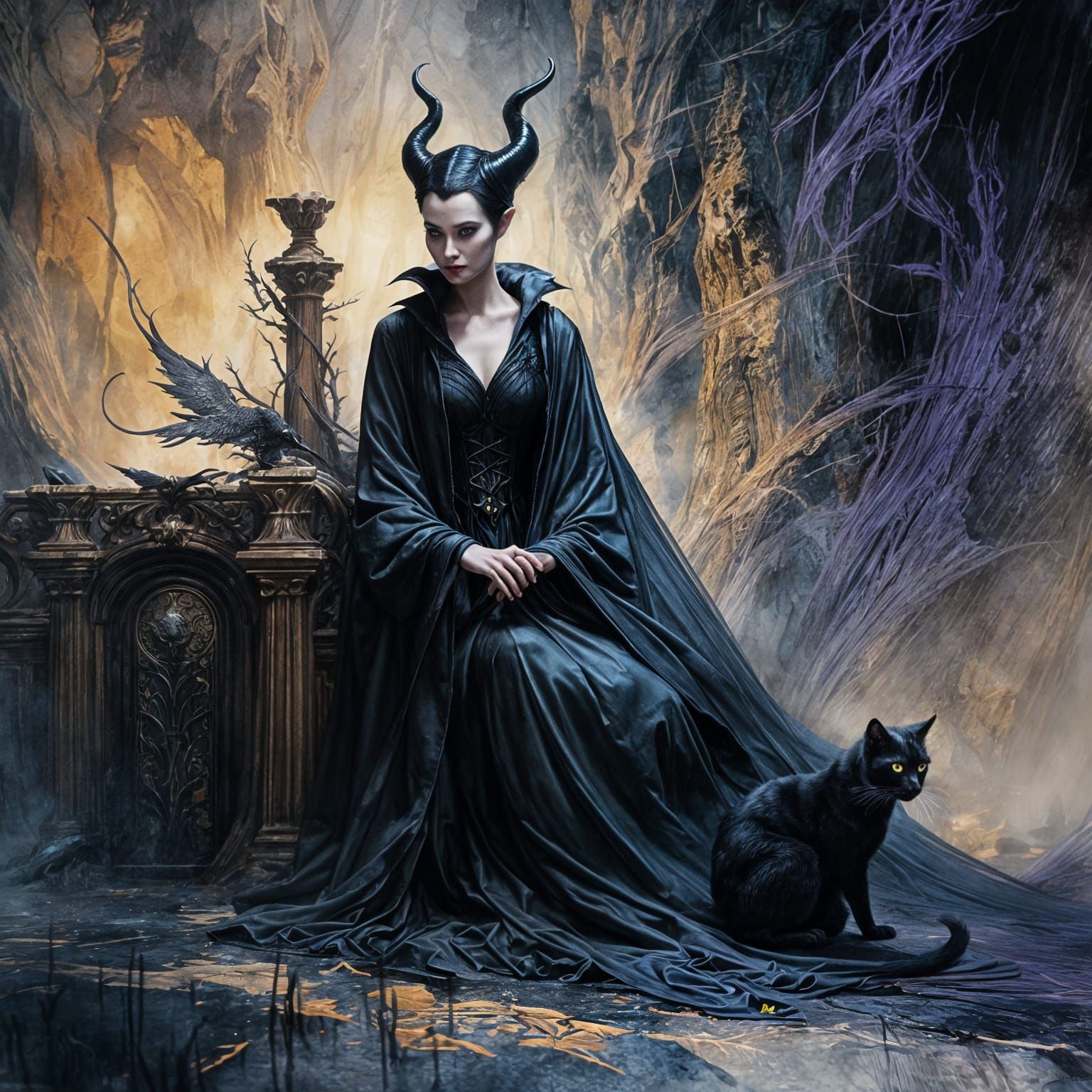 Maleficent and Black Cat: Detailed Fantasy Art