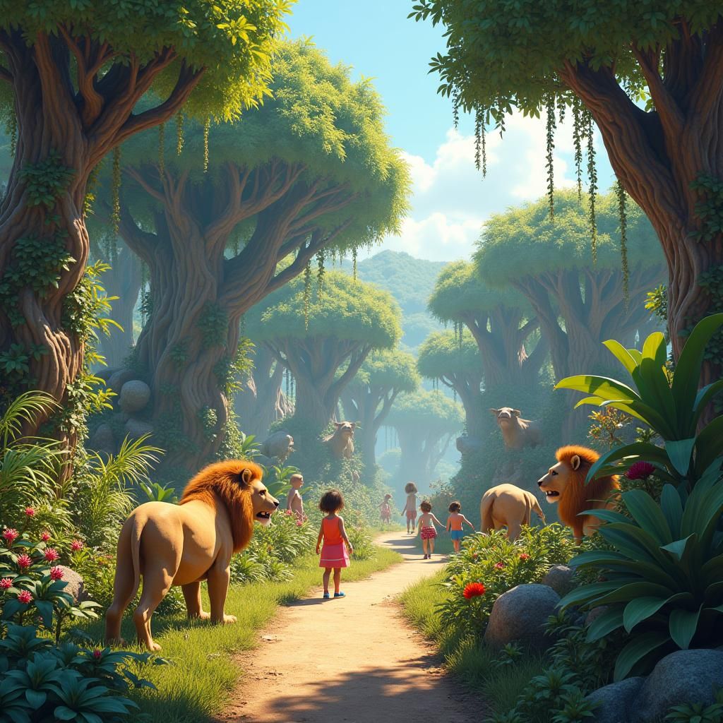 Enchanted Playground with Lions, Fantasy Art