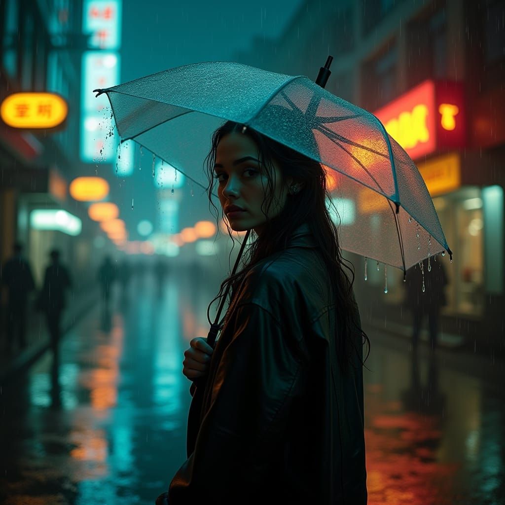 Rain-Soaked Woman in Neon Cityscape, Cyberpunk Style