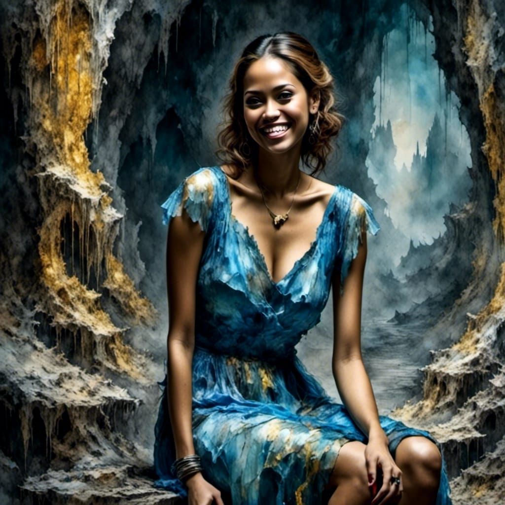 Punk Woman in Cave, Watercolour Style