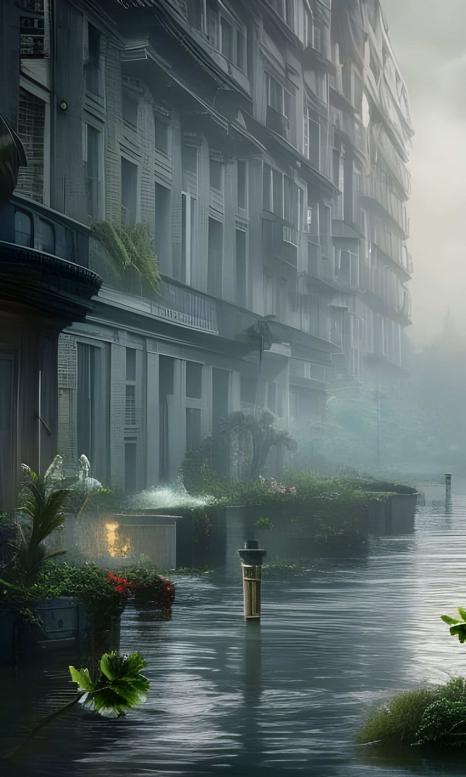 Flooded Post-Apocalyptic Town with Overgrown Plants