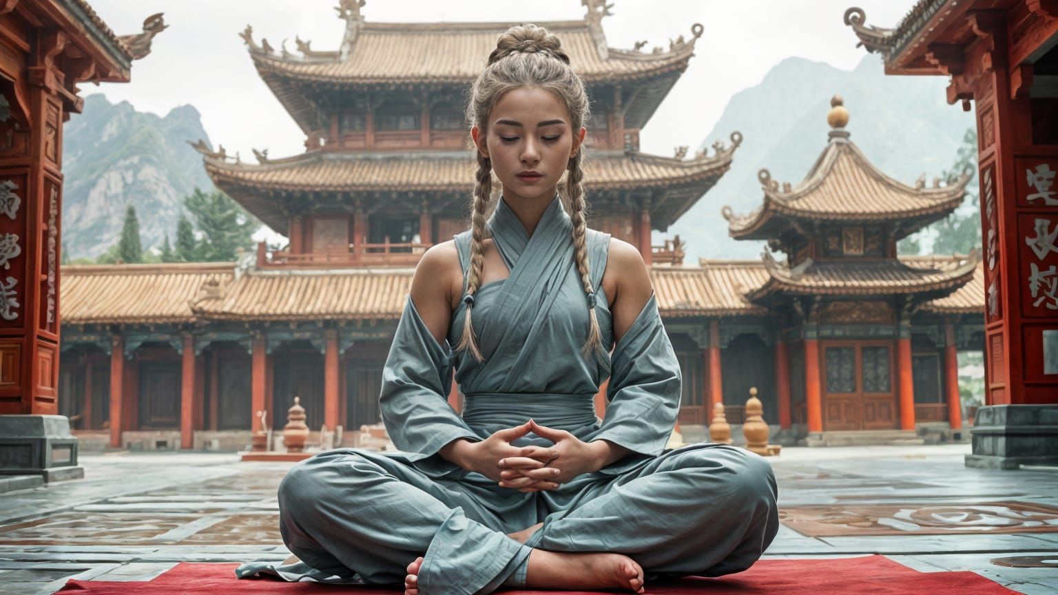 Meditating Monk in Chinese Temple: Fantasy Art