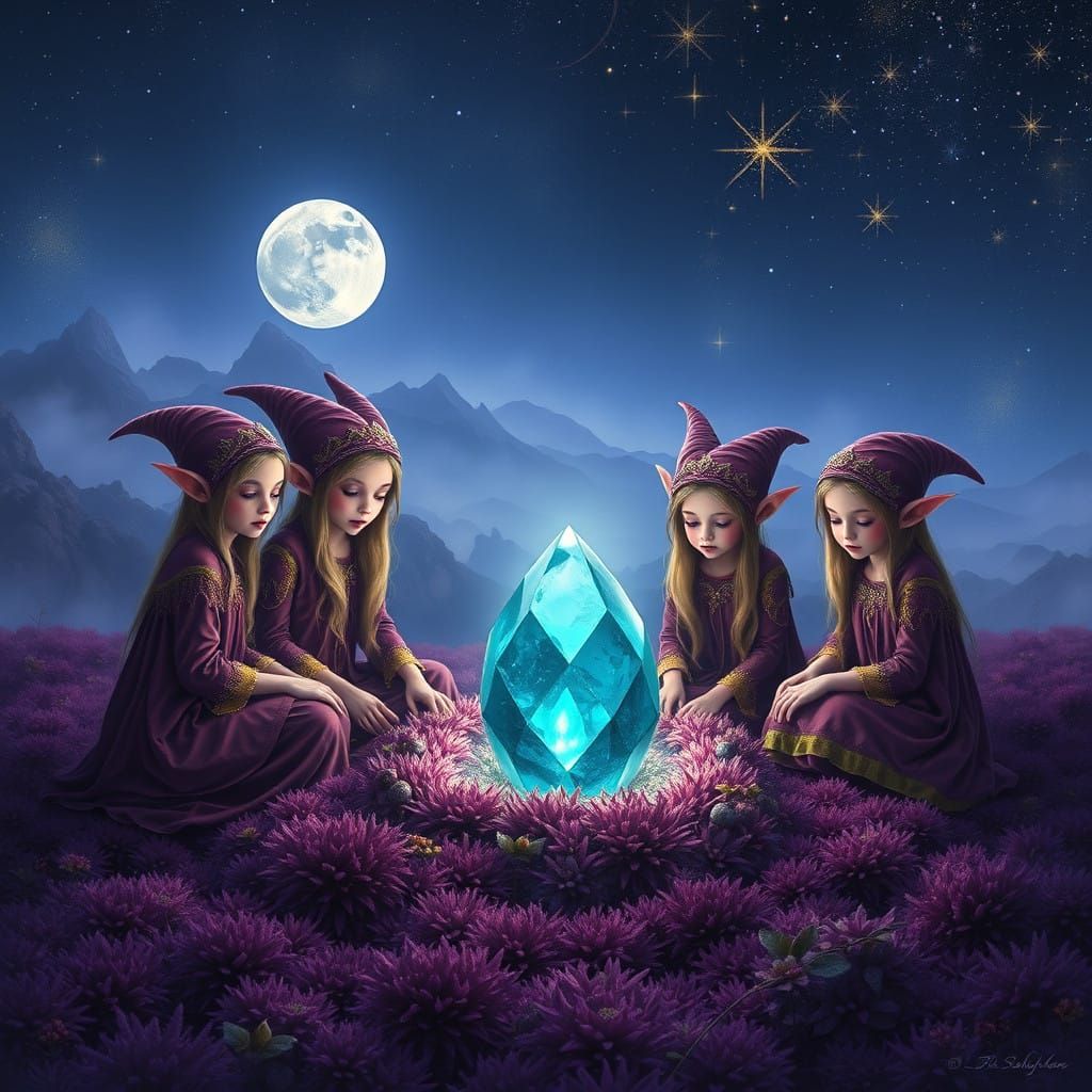 Elves Gather Around Glowing Teal Crystal in Regal Purple Hue...