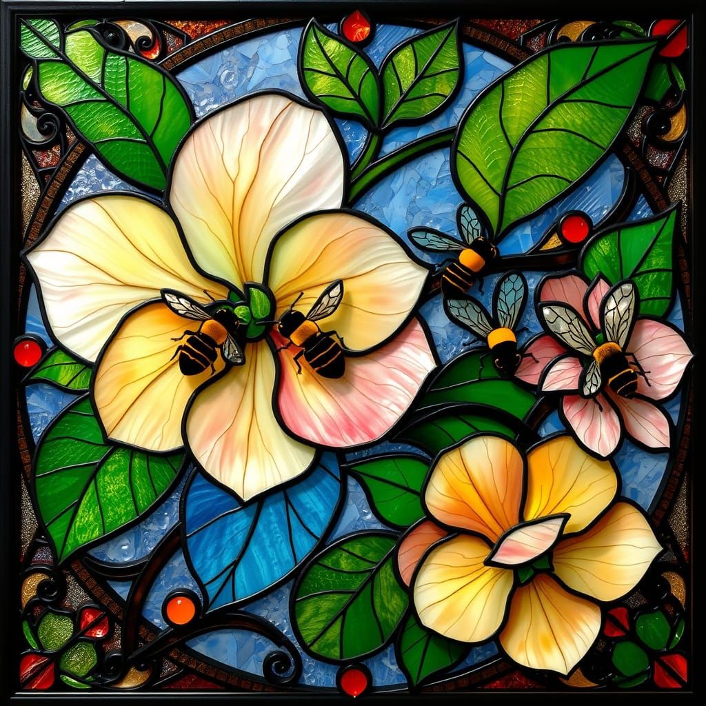 Stained Glass Apple Blossoms in Art Nouveau Style