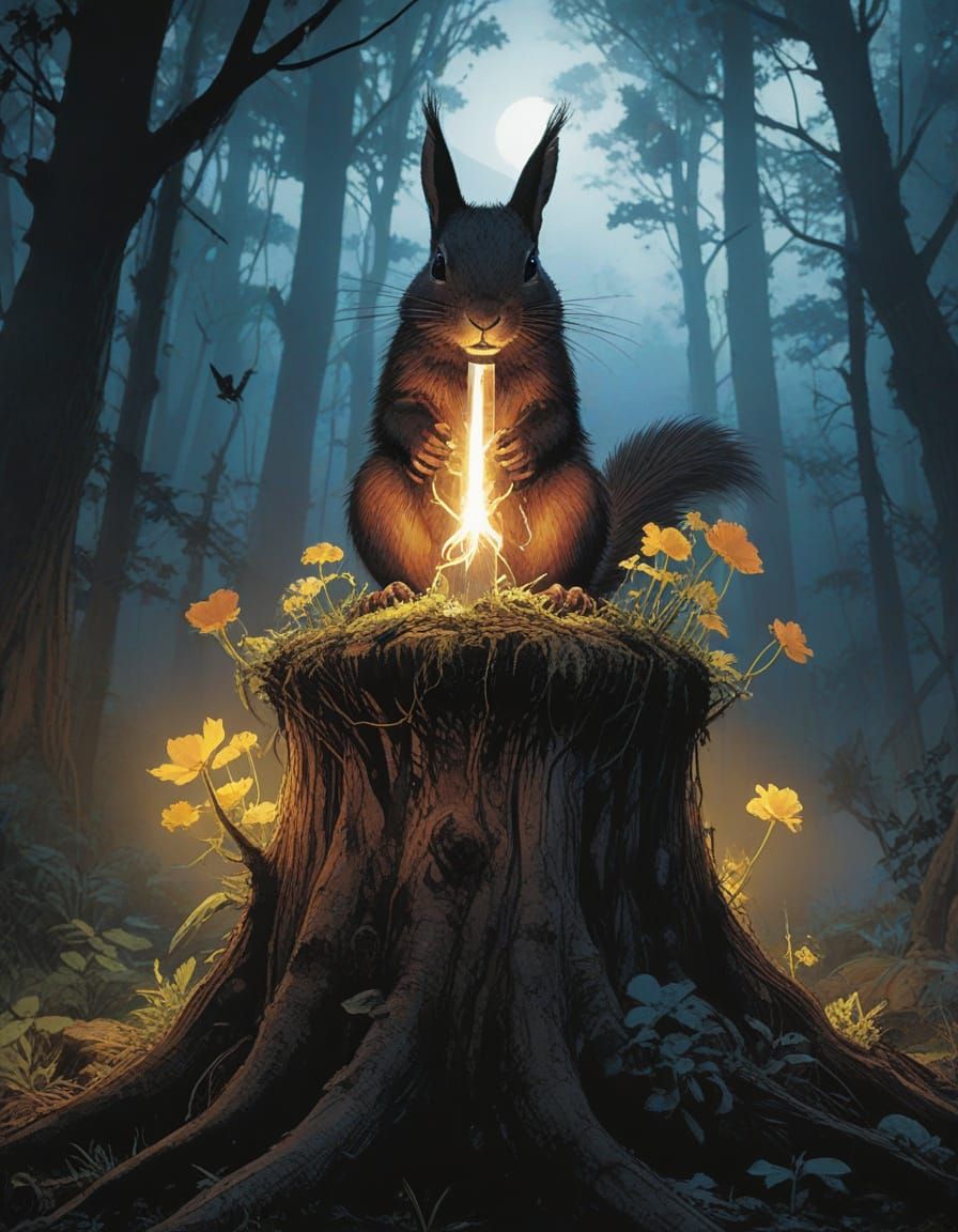 Ethereal Elemental Sword Rises from Tree Stump in Vibrant Gl...