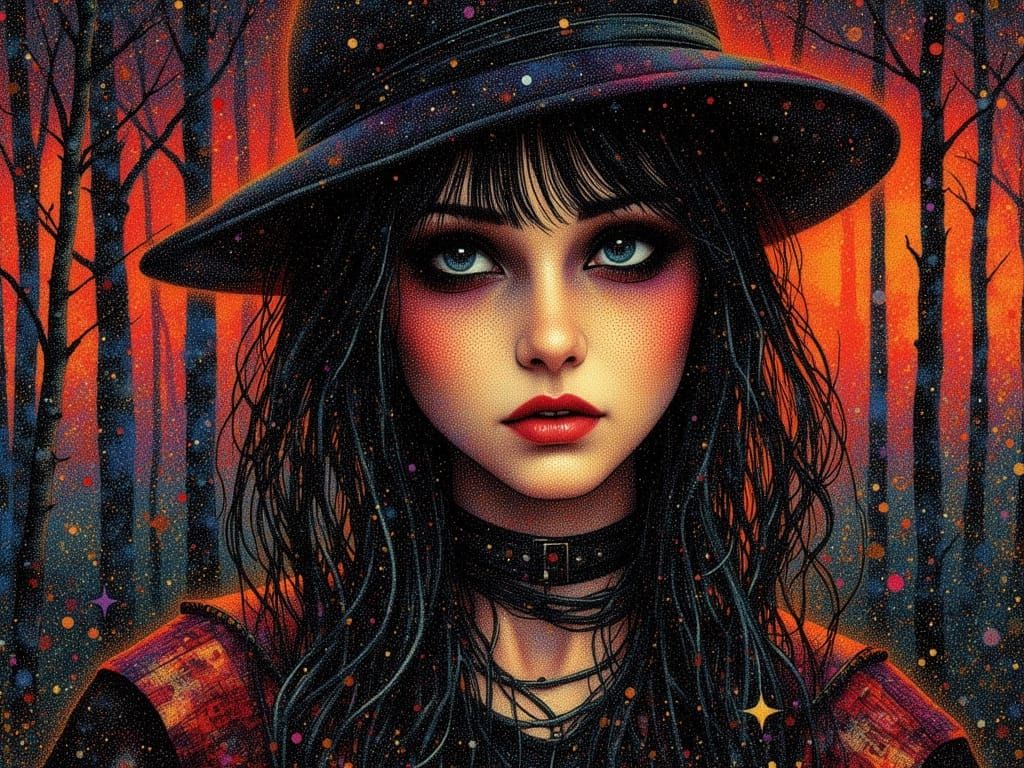 Ethereal Gothic Woman in Sunset Forest, Pointillist Style