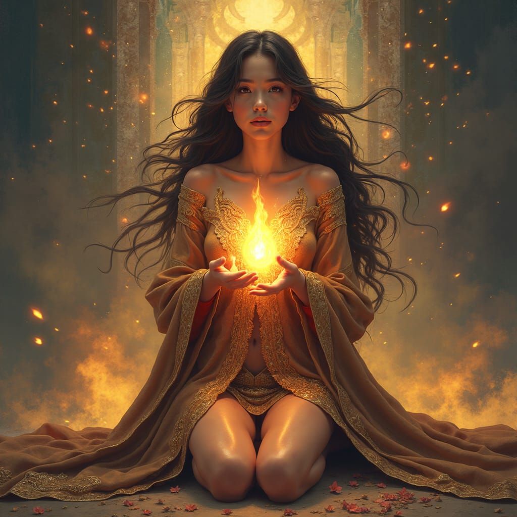 Mystical Heiress Becomes the Sacred Flame in Vibrant Surreal...