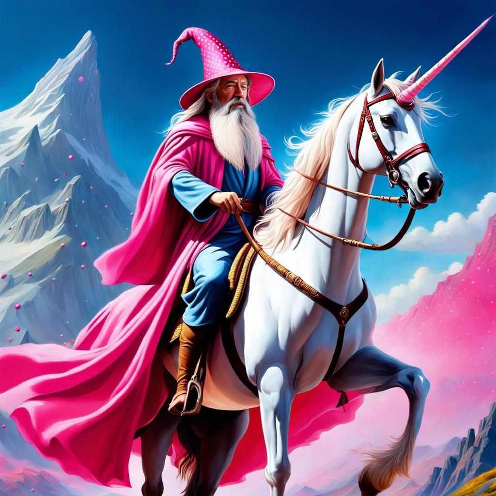 Gandalf on Unicorn in Pink Tutu, Hyperrealistic