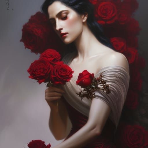 Woman in Red Silk Gown, Fantasy Art Style