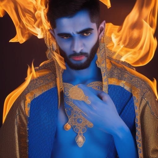 Fiery Male Jinn in Blue and Gold