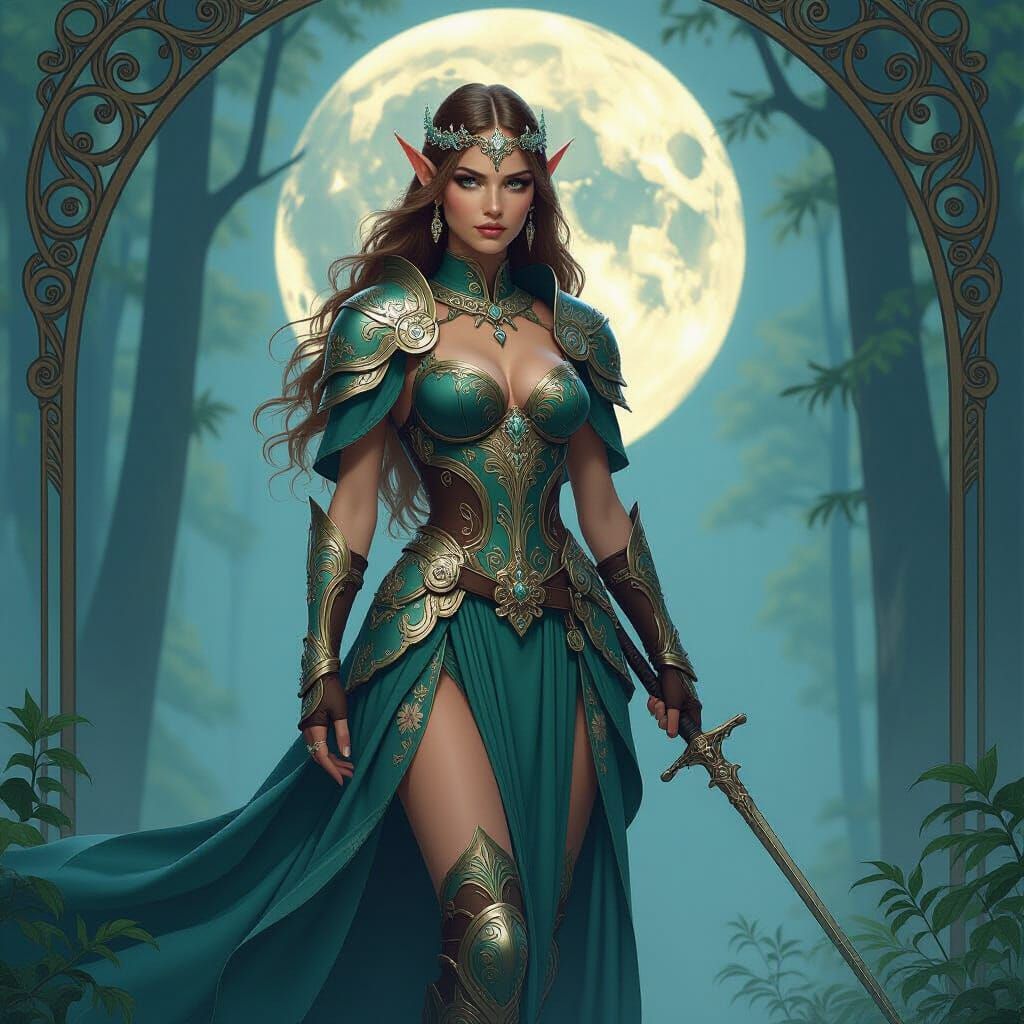 Elven Huntress in Moonlit Forest with Art Nouveau Armor