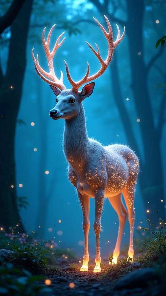 Ethereal Deer Guiding Travelers in Enchanted Forest
