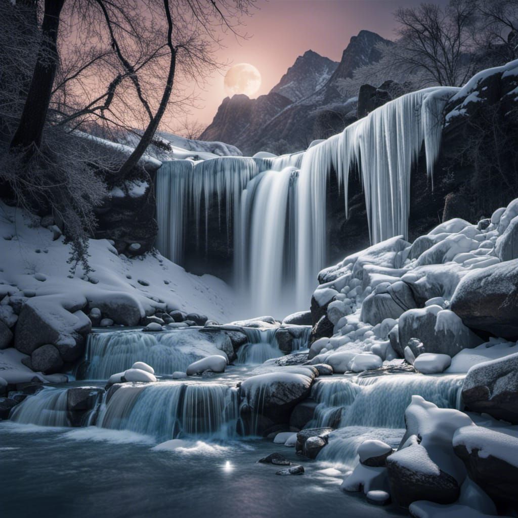 Icy Waterfall in Winter Moonlight: 8K Photo