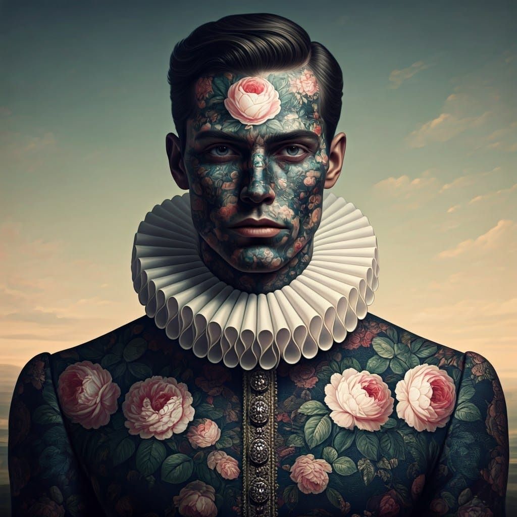 Regally Posed Male Model in Maximalist Floral Bodysuit