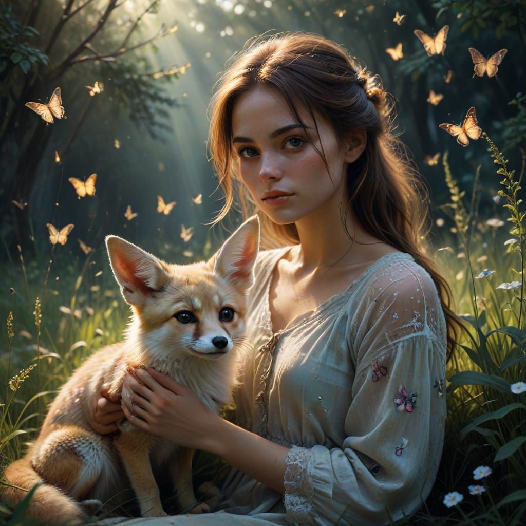 Ethereal Summer Serenity: Fennec Fox and Girl in Sunlit Mead...