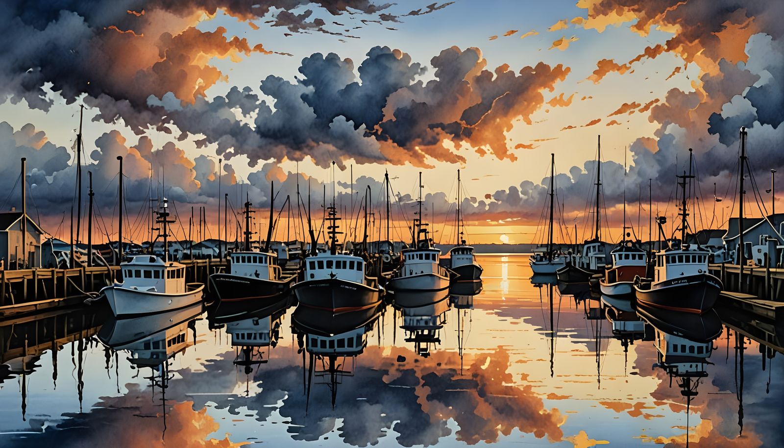 Vibrant Marina Sunset with Watercolor Realism