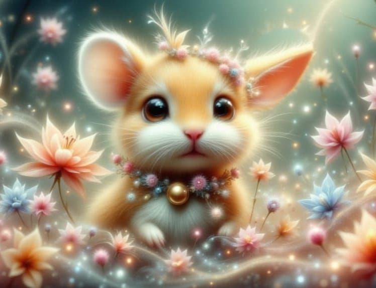 Fluffy Hamster Running in Starry Flower Wheel