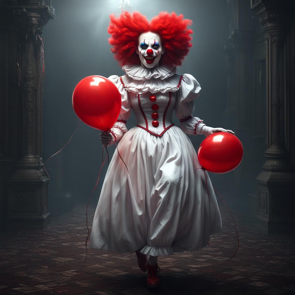 Evil but beautiful female clown dressed in a white dress with red buttons going down the front_she is holding a red ball...