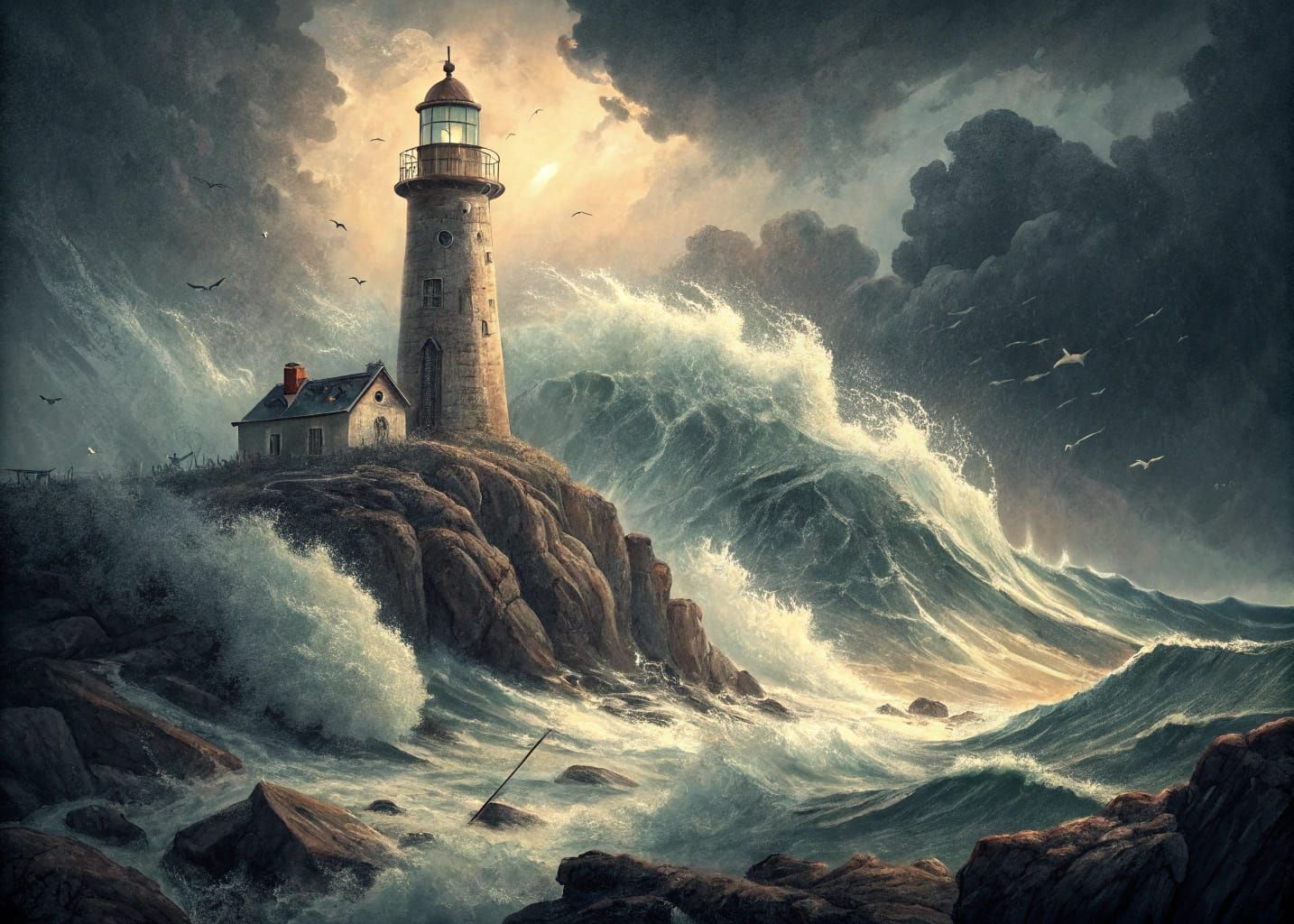 Lighthouse Against Storm in Cinematic Matte Painting