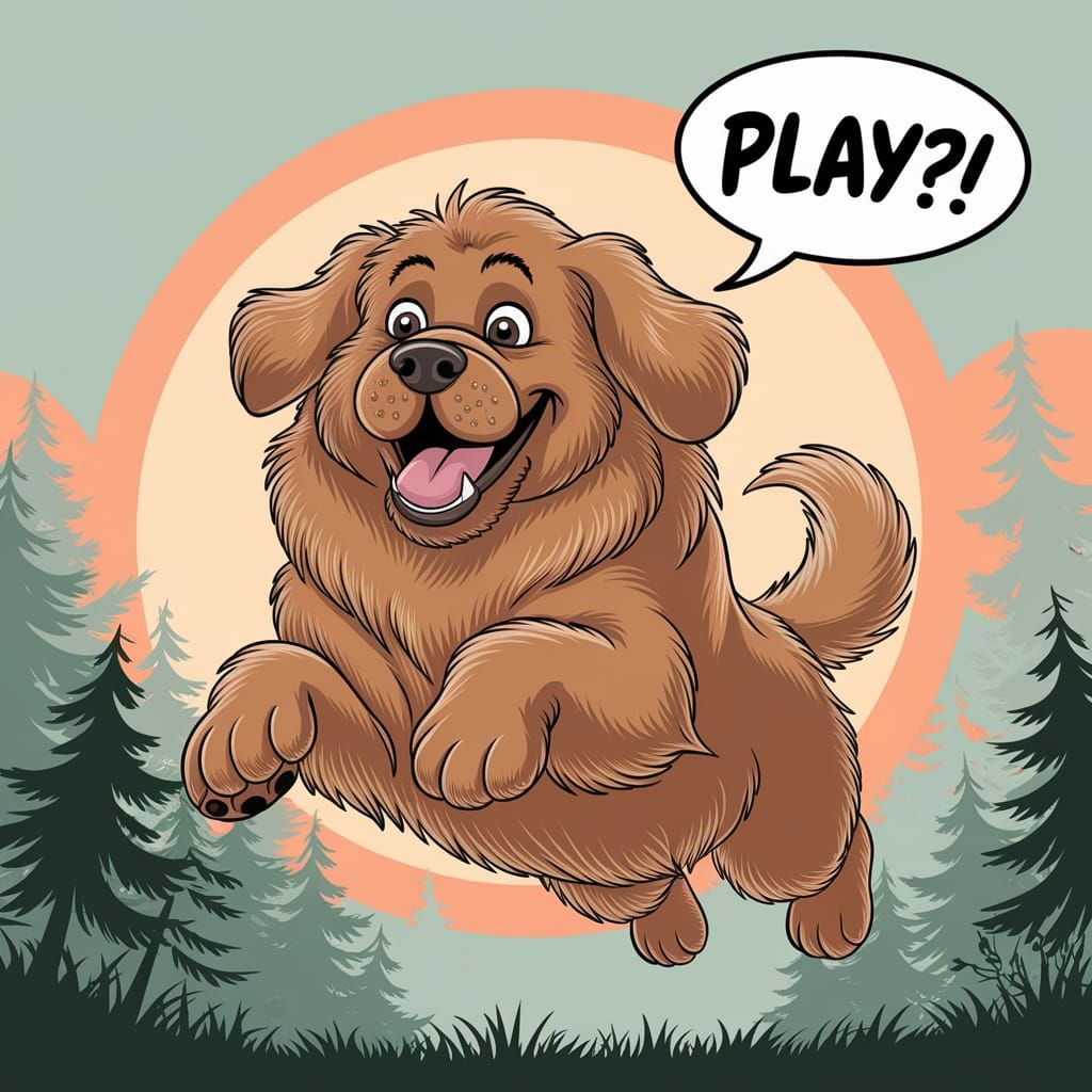 Joyful Cartoon Newfoundland Dog Leaping in Sunset