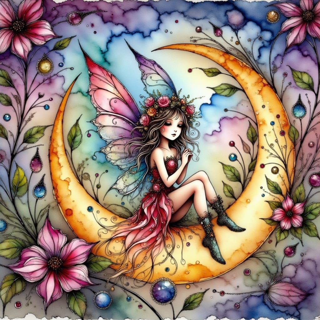 Pixie Sits Exuberant on a Vibrant Crescent Moon