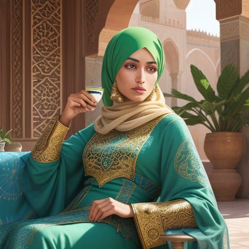 Muslim Woman Sipping Tea in Vibrant Moroccan Courtyard