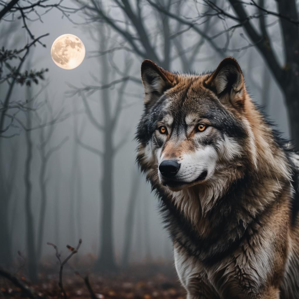 Duality Wolf in Foggy Moonlight: Photography