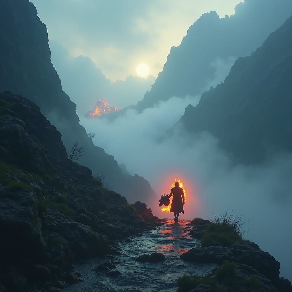 Triumphant Warrior with Dragon Head in Fantasy Art