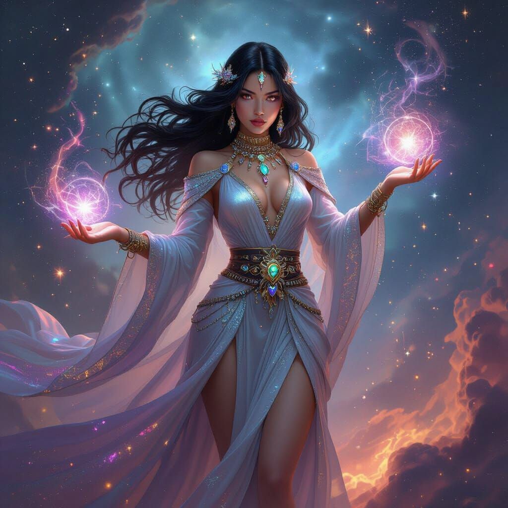 Cosmic Sorceress Casting Spells in Nebula, Airbrush Art