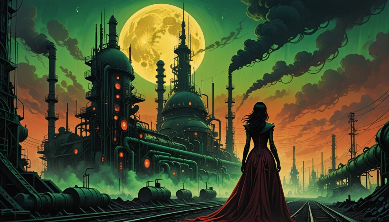 Ghostly Princess Amidst a Dark, Industrial Metropolis