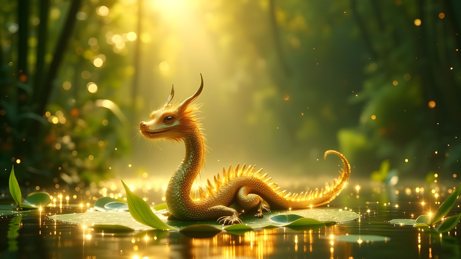 Golden Dragon on Lily Pad in Misty Bamboo Forest