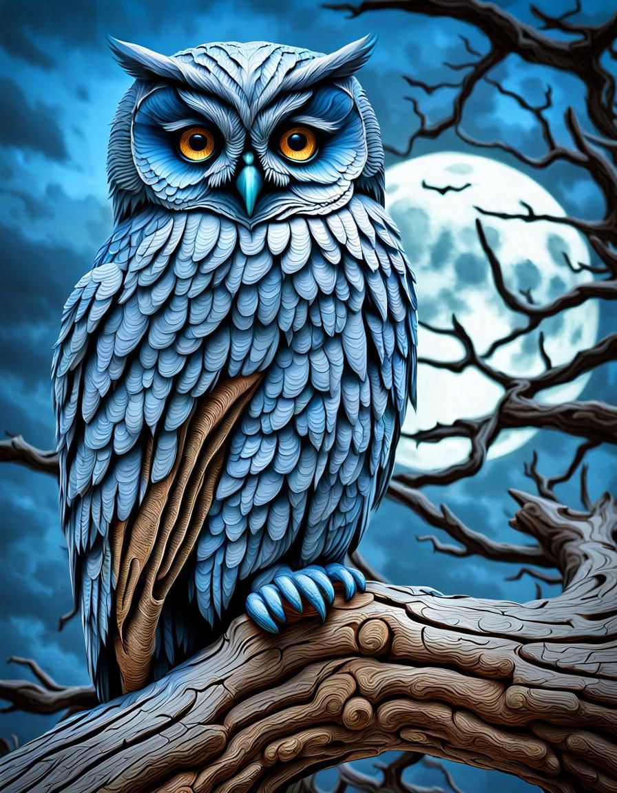 Dreaming Blue Owl on Moon, Hyperrealistic Art