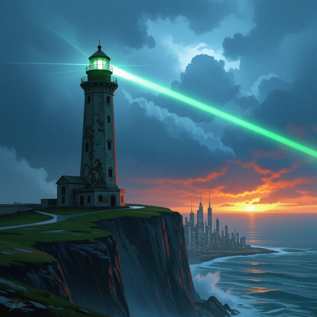 Colossal Lighthouse Laser Cuts Stormy Alien Sky