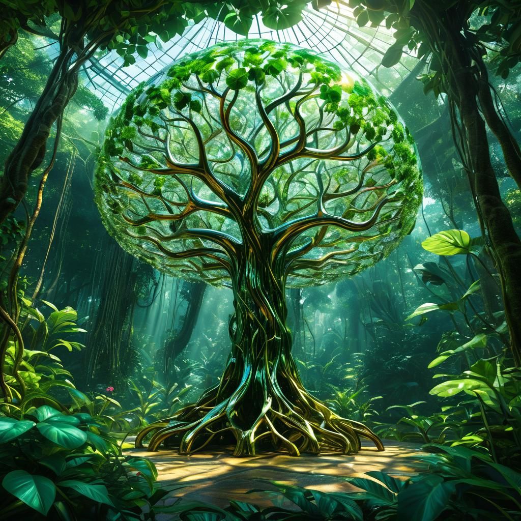 Glass Tree in Rainforest: Surreal Digital Art