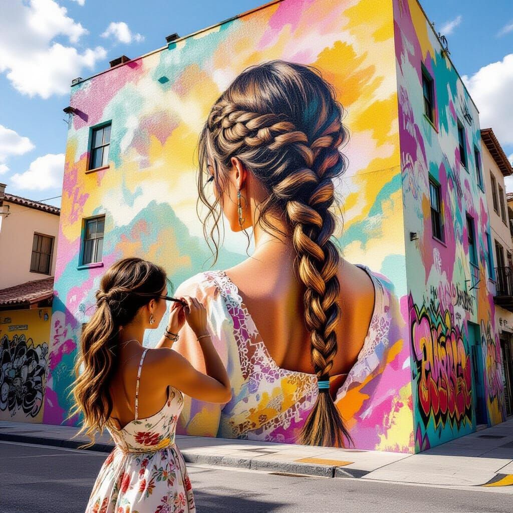 Braiding Hair on Street Art Building in Pastel Colors