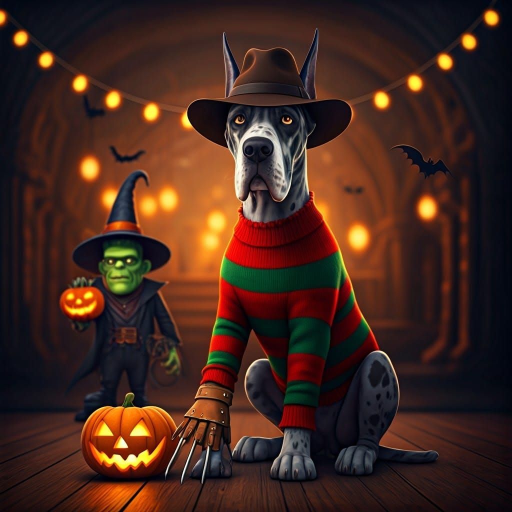 Great Dane Dog as Freddy Krueger in 3D Cartoon