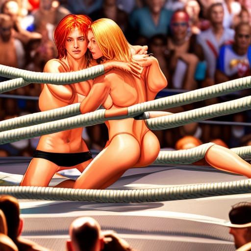 Hyperrealistic Female Wrestlers Grappling in a Ring