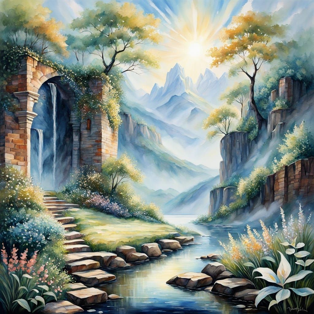 Softly Radiant Heavenly Paradise with Golden Light and Gentl...