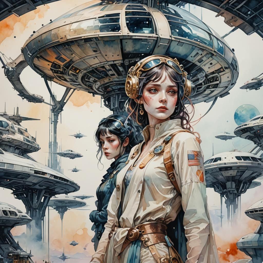 Watercolor Spaceship Airport on Alien Planet