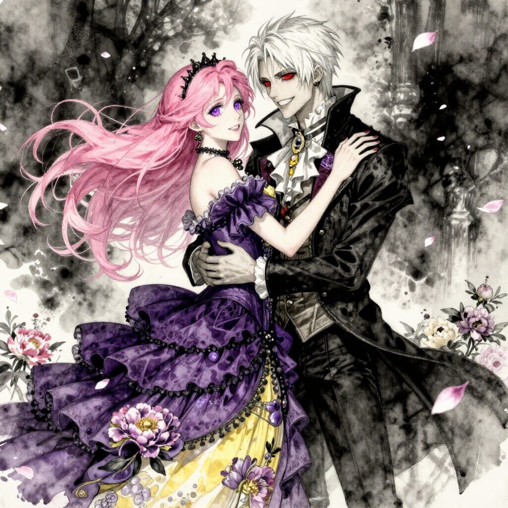 Gothic Romance: Couple Embraced in Peony Petals