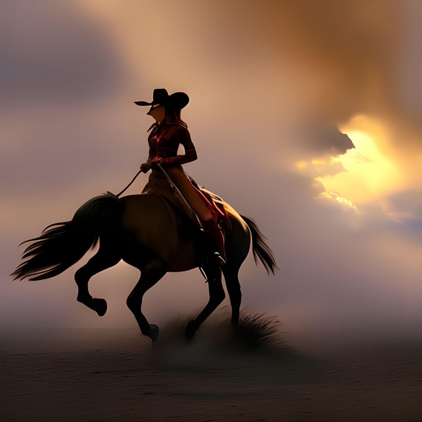 Cowgirl Rides Stallion Under Stormy Skies