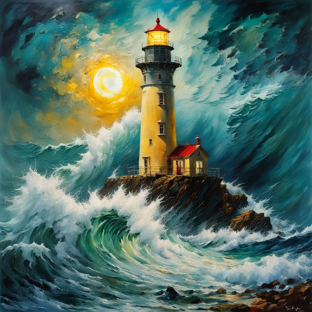 Lighthouse in Stormy Night as Encaustic Alcohol Ink Art