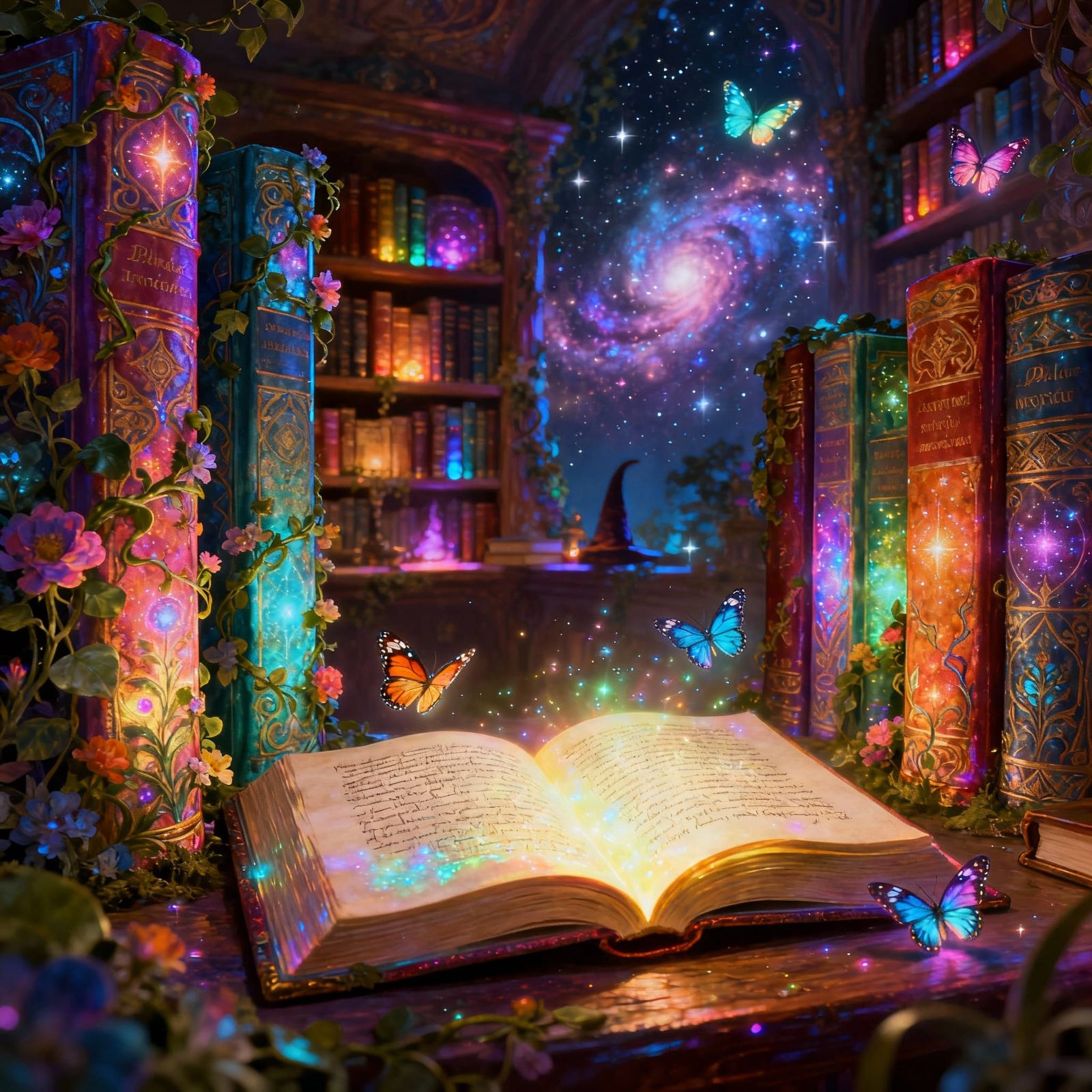Enchanted Library with Glowing Books and Mystical Butterflie...