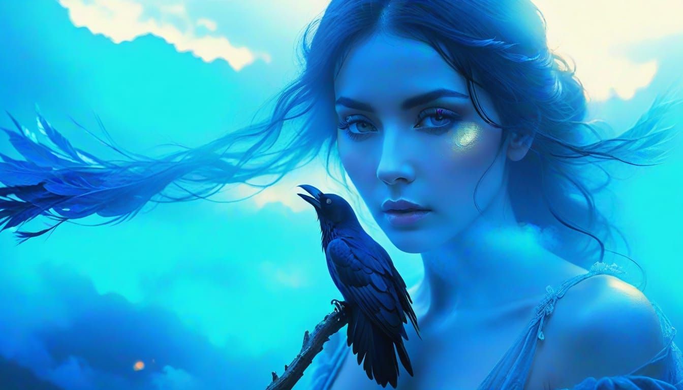 Mystical Blue Goddess Amidst Raven Hues