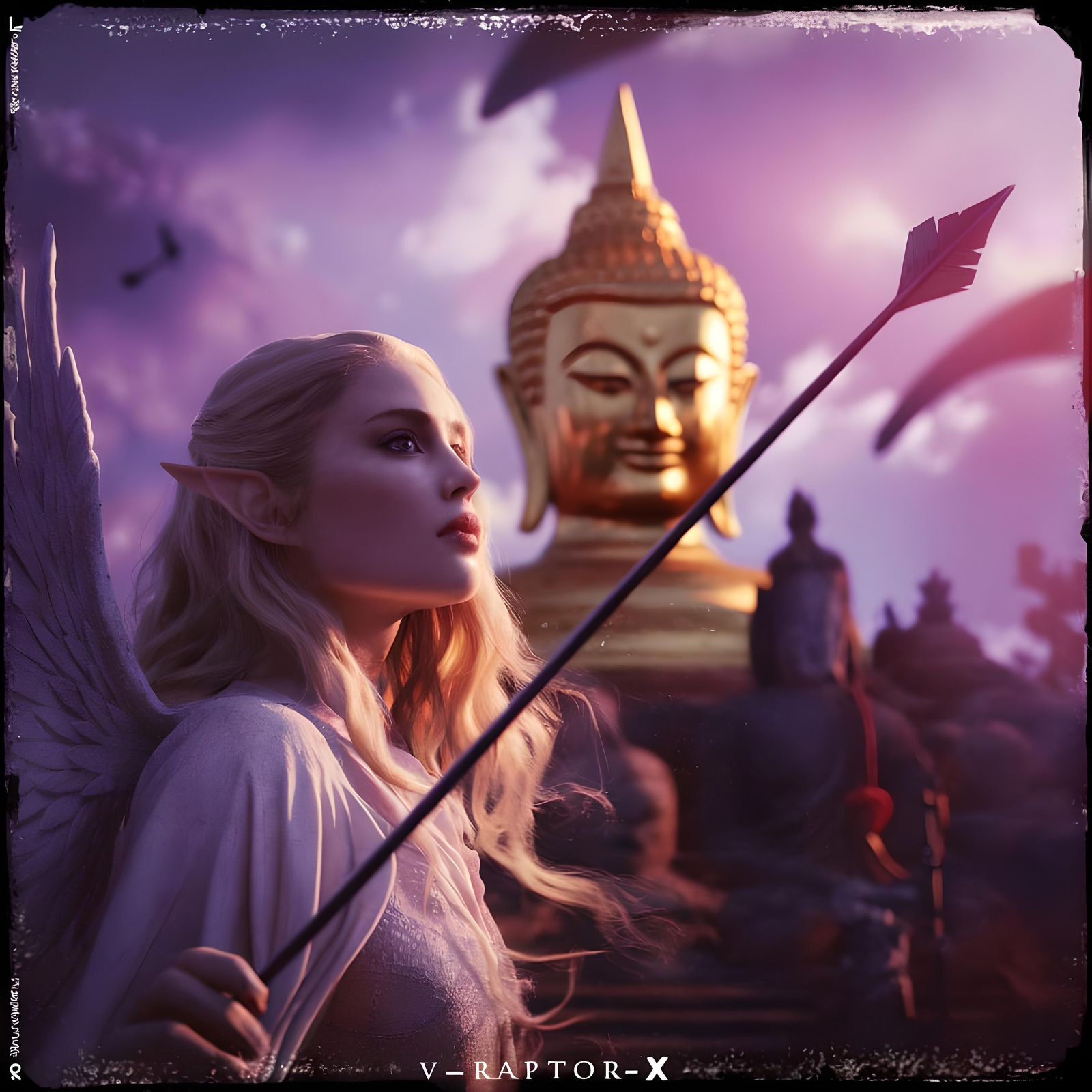 Elven Angel and Golden Buddha in Dreamy Purple Sky