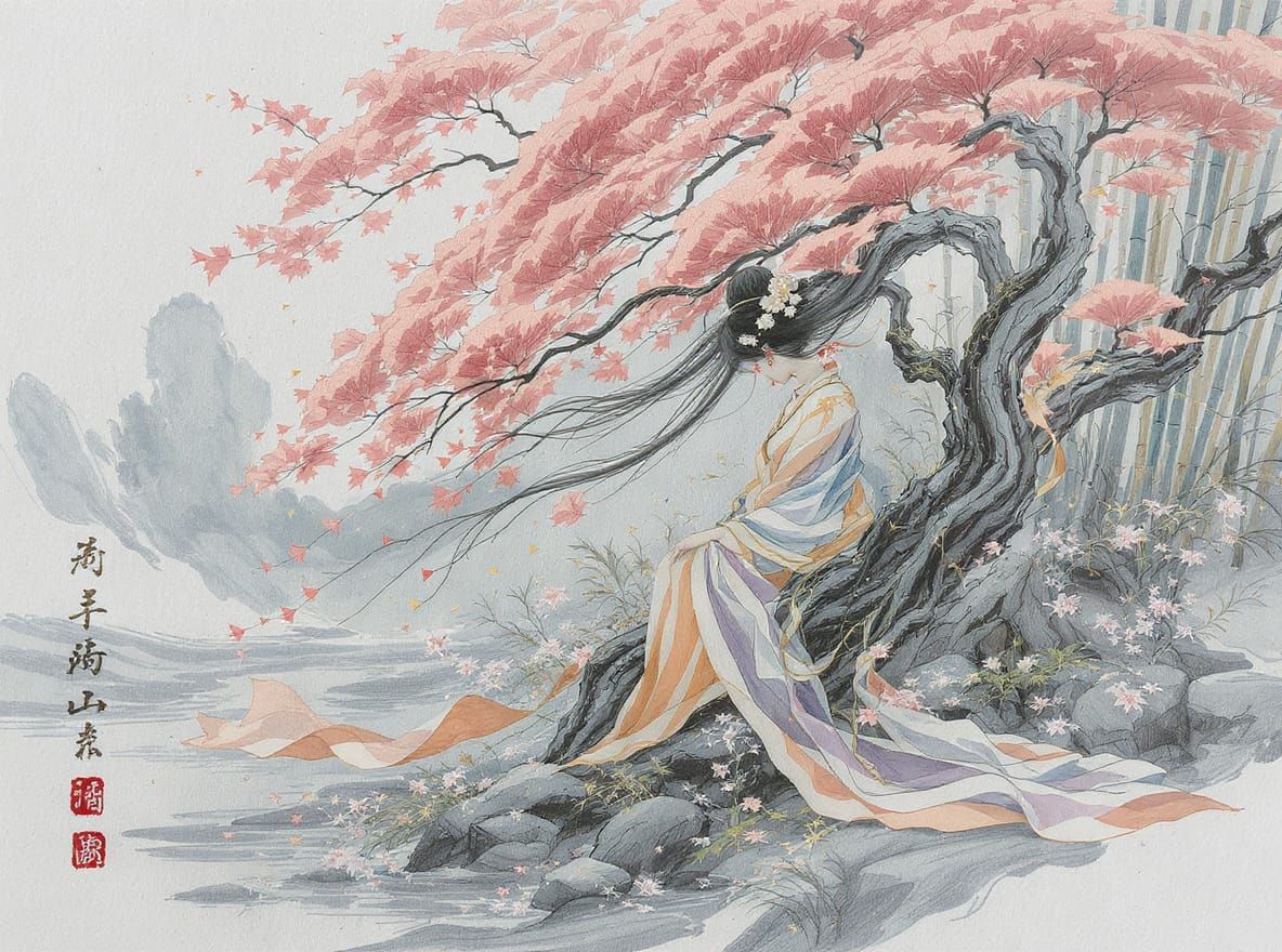 Chinese Woman Honors Ginkgo Tree as Ink Painting